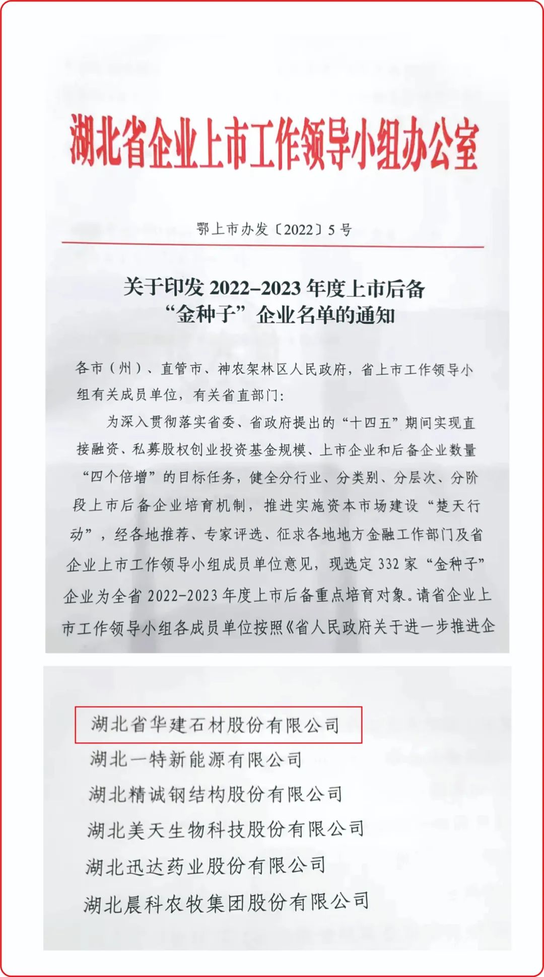 热烈祝贺金年会 金字招牌诚信至上有限公司入选湖北省“金种子”上市后备企业名单